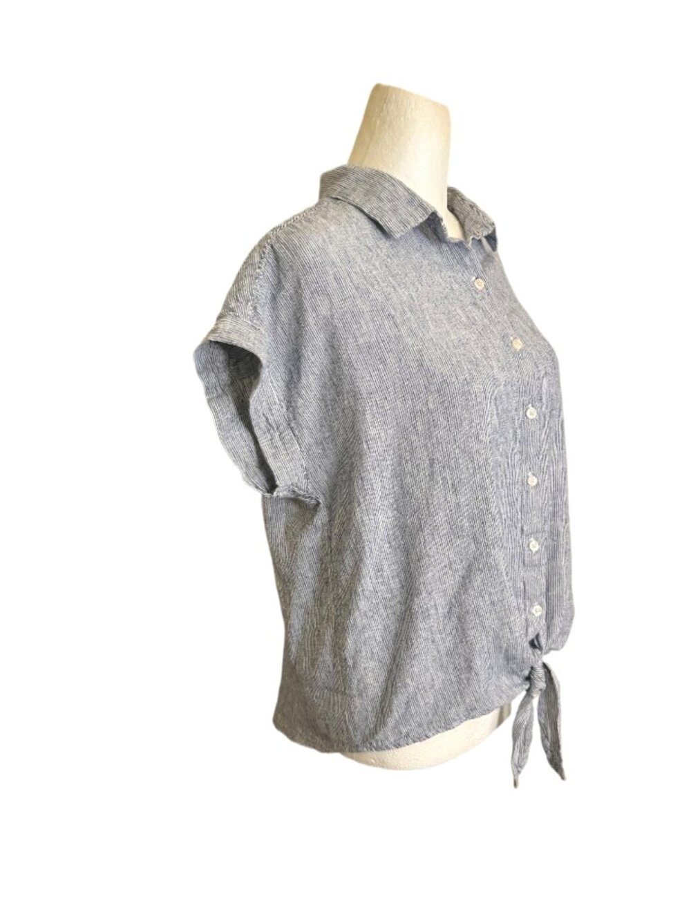 Weatherproof Blue Vintage Button Up Tie Front Washable Linen Top Size Medium - Picture 4 of 8